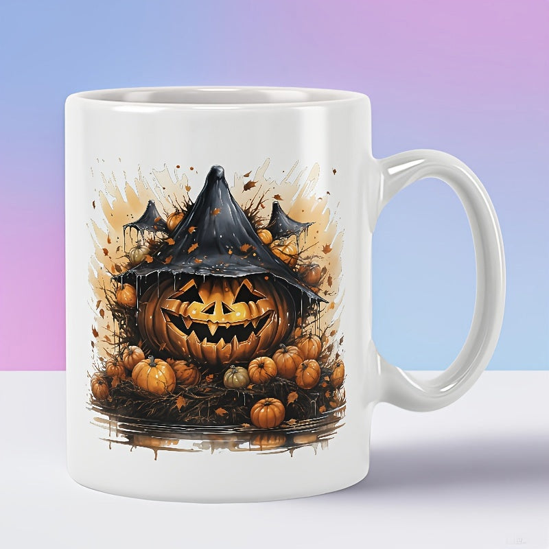Tailorly White Ceramic 11 oz Mug - Spooky Carved Design Wearing Tattered Black Witch Hat Among Autumn Fallen Leaves Pumpkin
