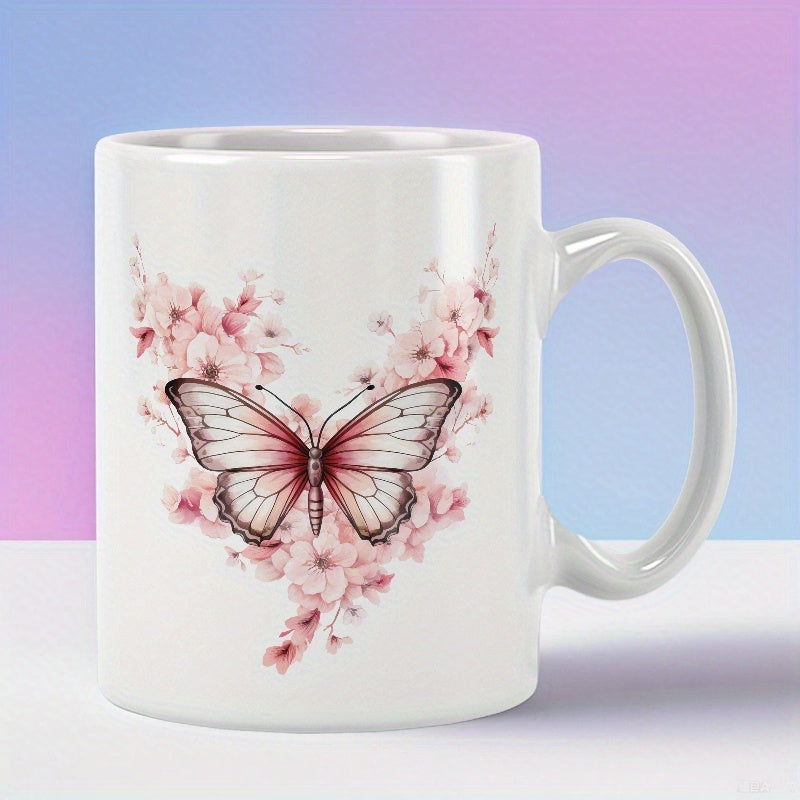 Tailorly White Ceramic 11 oz Mug - Delicate Butterfly Resting Among Soft Pink Cherry Blossoms In Spring Butterfly