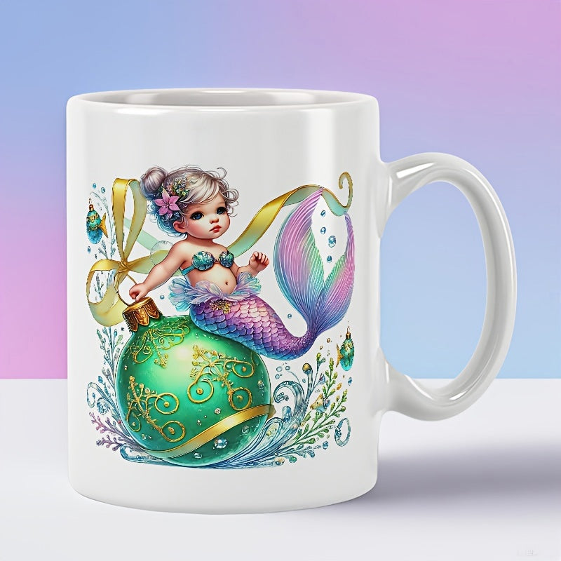Tailorly White Ceramic 11 oz Mug - Whimsical Little Child Sitting On A Green Holiday Bauble Christmas Mermaid
