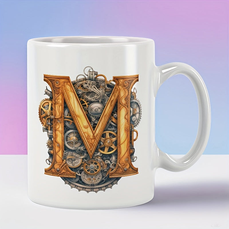 Tailorly White Ceramic 11 oz Mug - Intricate Golden Steampunk Gears Integrated Within A Vintage Mechanical Letter M