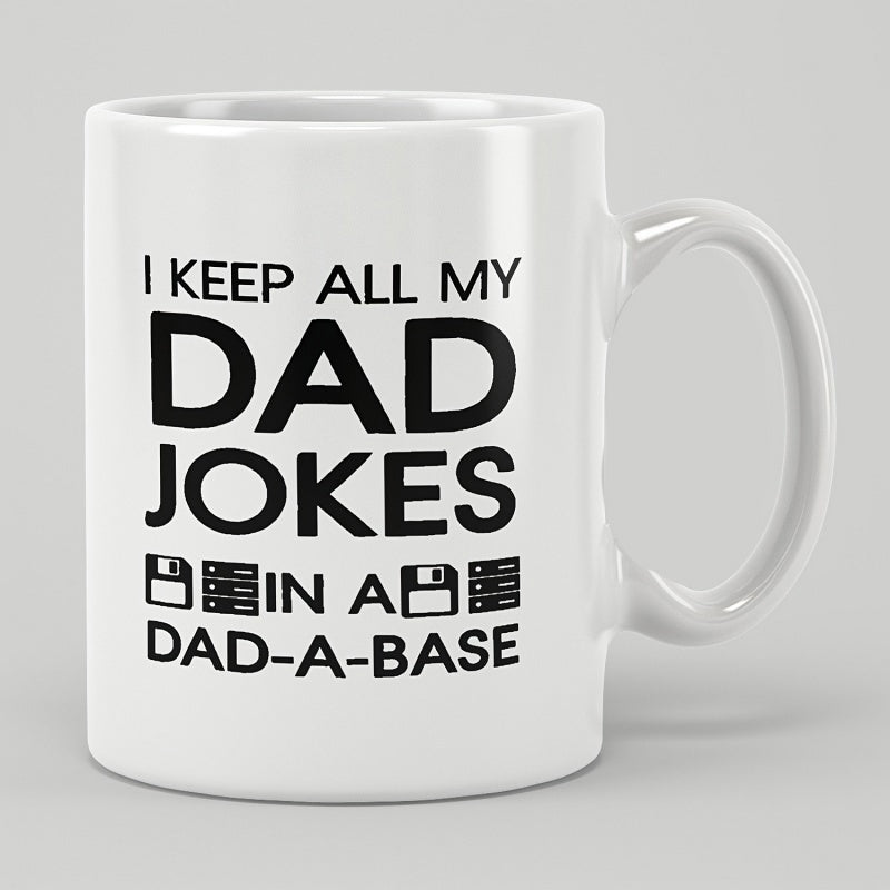 Tailorly White Ceramic 11 oz Mug - I Keep All My Dad Jokes In A Dad A Base Minimalist Retro Computer Floppy Disk Icons Printed On A Ceramic Mug