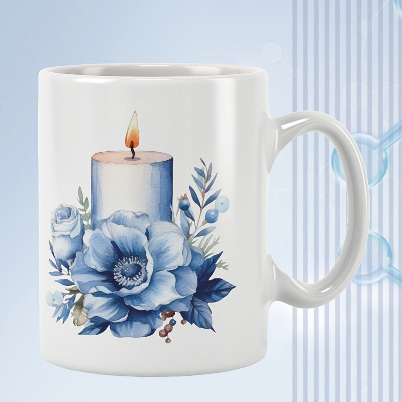 Tailorly White Ceramic 11 oz Mug - Glowing Flickering Flame Amidst Blooming Blue Flowers Elegant Watercolor Candle