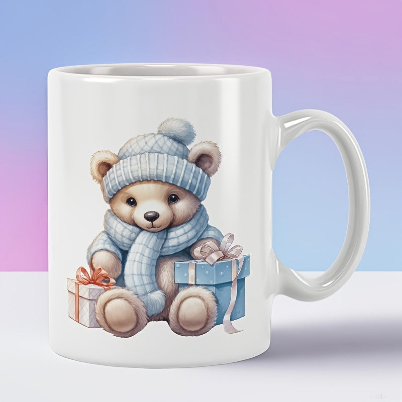 Tailorly White Ceramic 11 oz Mug - Adorable Little Winter Teddy Wearing Blue Knit Hat And Scarf Bear