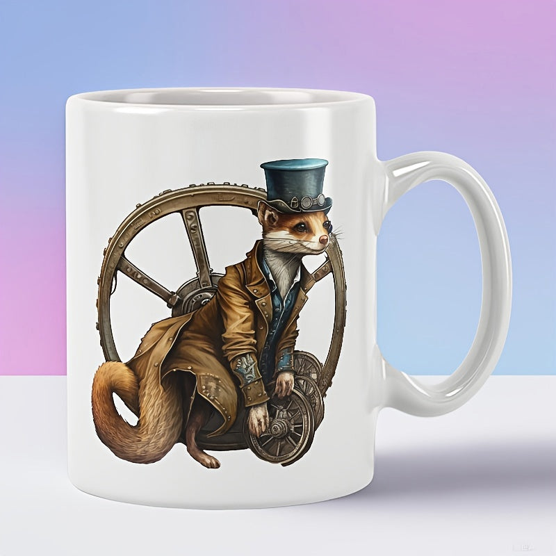 Tailorly White Ceramic 11 oz Mug - Steampunk Character Wearing Brown Overcoat And Blue Top Hat With Gears Weasel