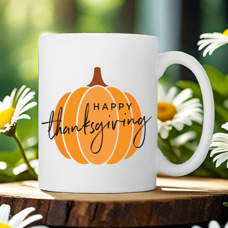 Tailorly White Ceramic 11 oz Mug - Happy Thanksgiving Festive Orange Harvest Style Among Blooming Flowers And Greenery Pumpkin