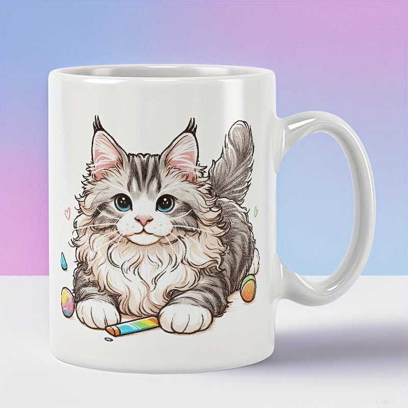 Tailorly White Ceramic 11 oz Mug - Adorable Fluffy Maine Coon Kitten Resting With Colorful Rainbow Toy Cat