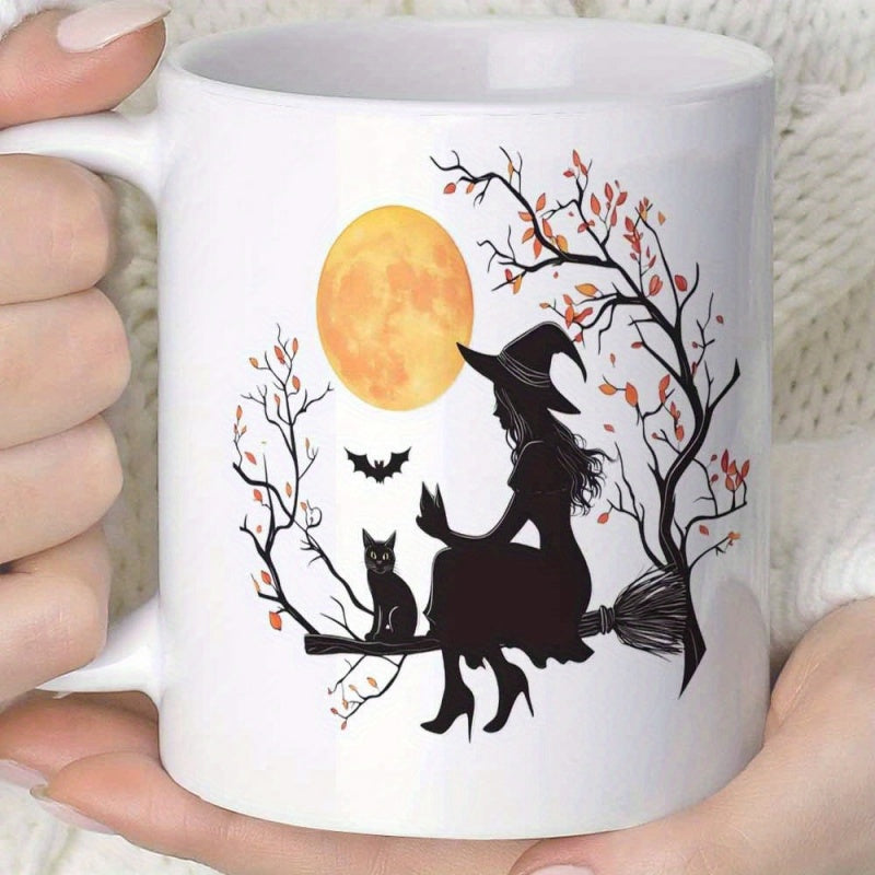 Tailorly White Ceramic 11 oz Mug - Mysterious Halloween Scene With Silhouette Resting On Broom Under Full Moon Witch