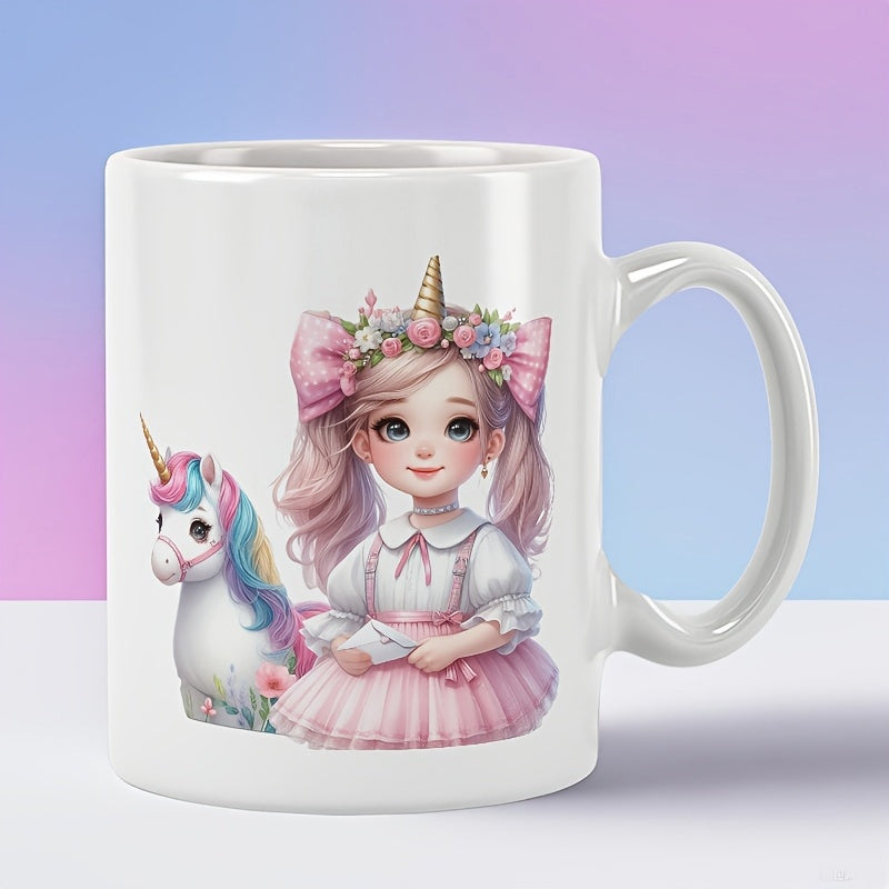 Tailorly White Ceramic 11 oz Mug - Fairytale Princess In Pink Tutu With Small Magical Horn And White Unicorn Girl