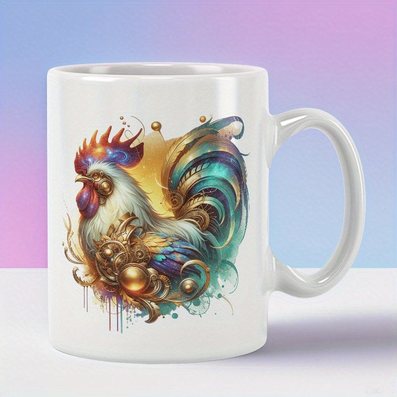 Tailorly White Ceramic 11 oz Mug - Majestic Steampunk Bird With Golden Mechanical Gears And Vibrant Feathers Rooster