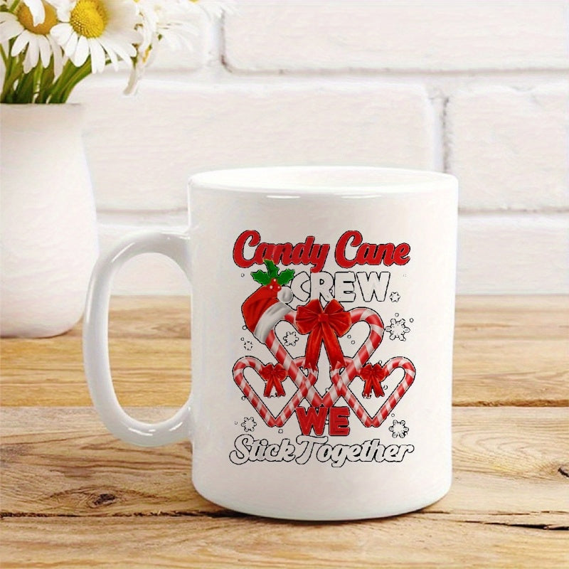 Tailorly White Ceramic 11 oz Mug - Candy Cane Crew We Stick Together Festive Heart Shaped Striped Sweets With Red Ribbons And Holiday Santa Hat Candy Cane