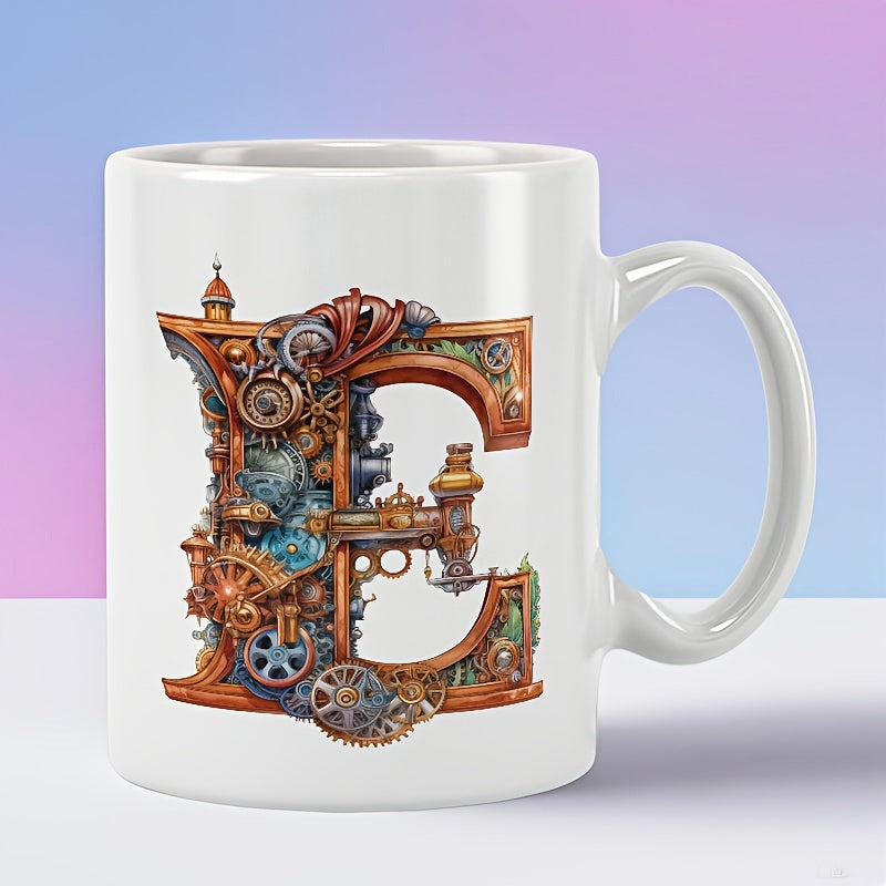 Tailorly White Ceramic 11 oz Mug - Intricate Steampunk Gears And Bronze Mechanical Parts Forming A Majestic Letter E