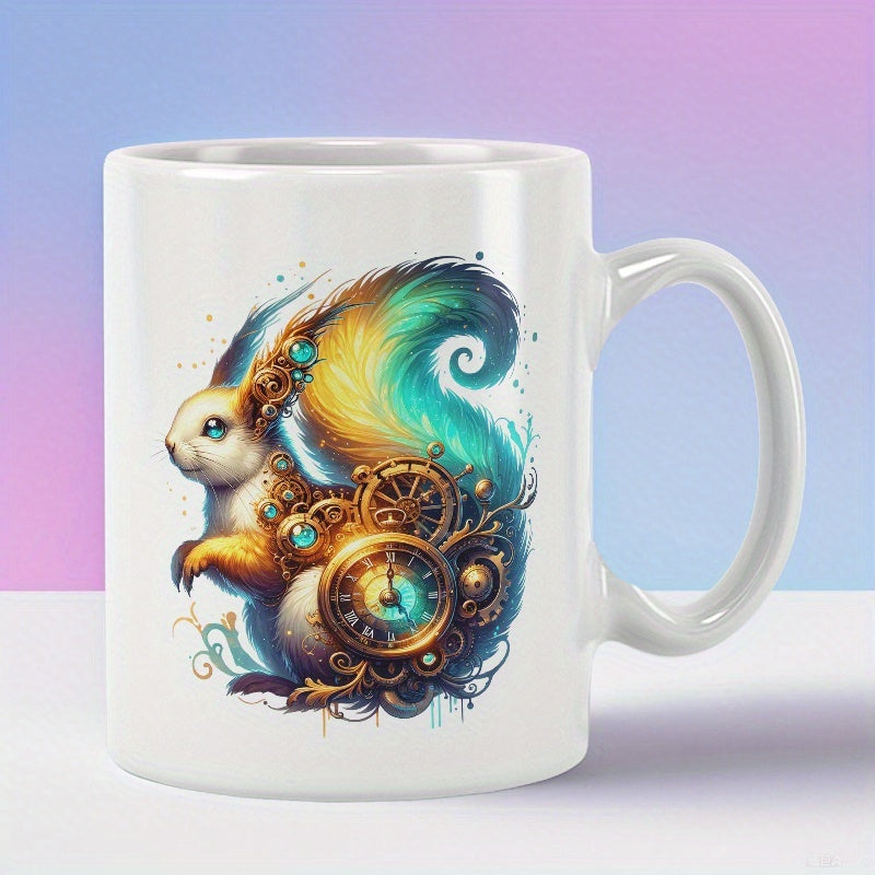 Tailorly White Ceramic 11 oz Mug - Mechanical Clock Gears And Colorful Teal Tail Steampunk Fantasy Animal Squirrel