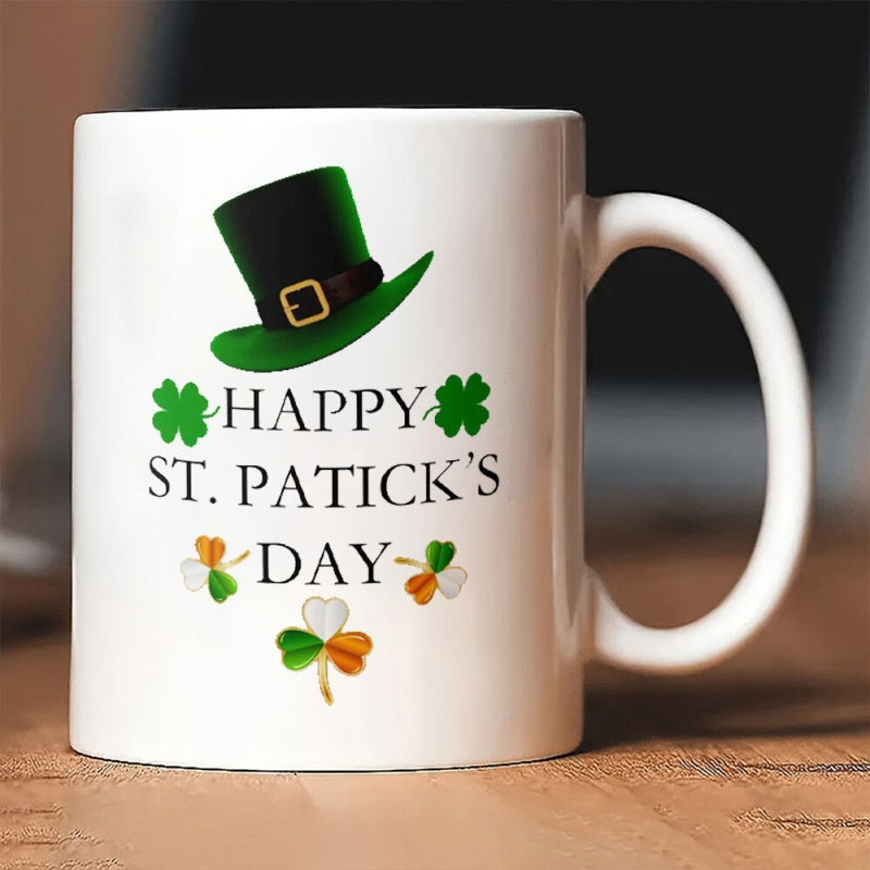 Tailorly White Ceramic 11 oz Mug - Happy St Paticks Day Vibrant Green Festive Leprechaun Hat Surrounded By Lucky Irish Clover Symbols Hat