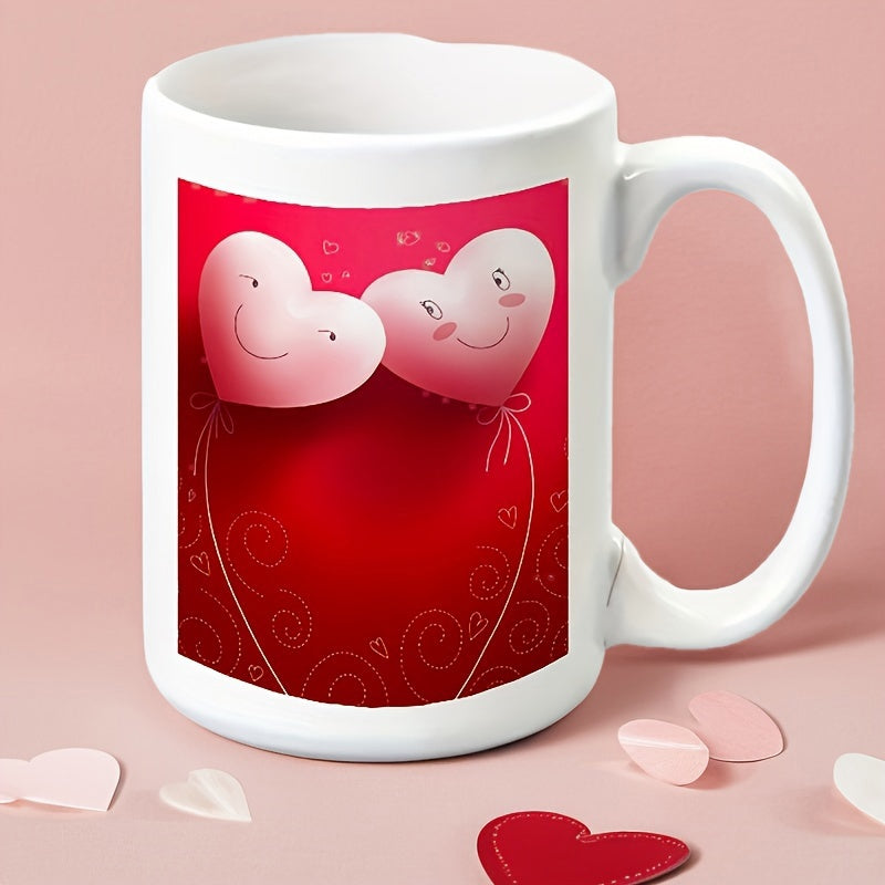 Tailorly White Ceramic 11 oz Mug - Two Smiling Pink Heart Balloons Floating Against A Vibrant Crimson Background Heart