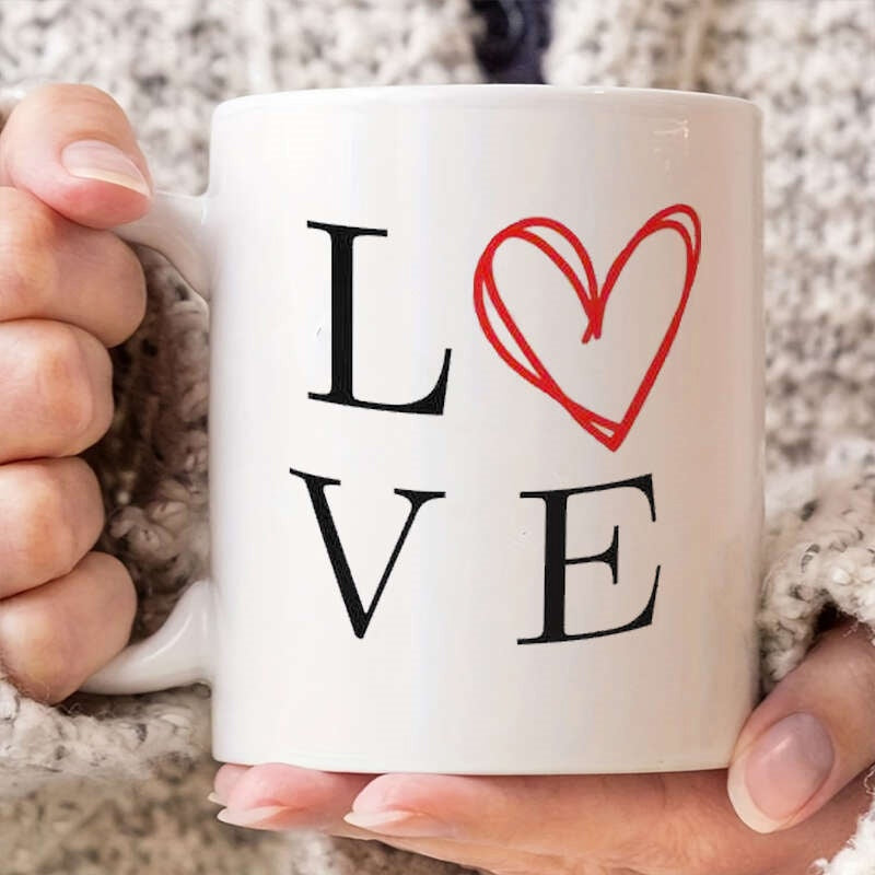 Tailorly White Ceramic 11 oz Mug - Love Artistic Hand Drawn Red Scribble Motif Within Black Classic Serif Font Heart