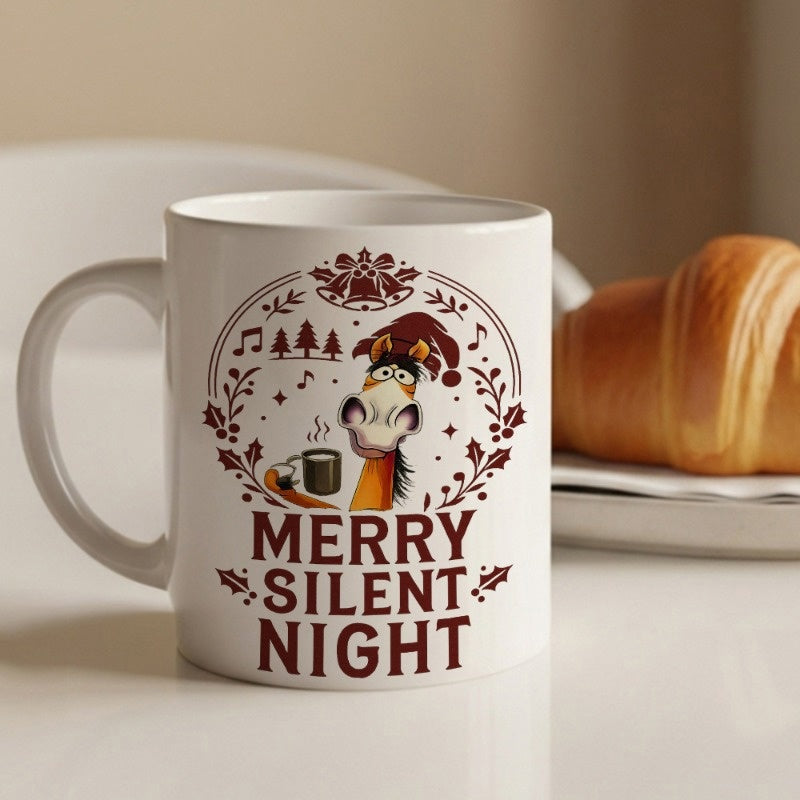 Tailorly White Ceramic 11 oz Mug - Merry Silent Night Festive Cartoon Character Wearing Santa Hat Holding Steaming Coffee Mug Horse