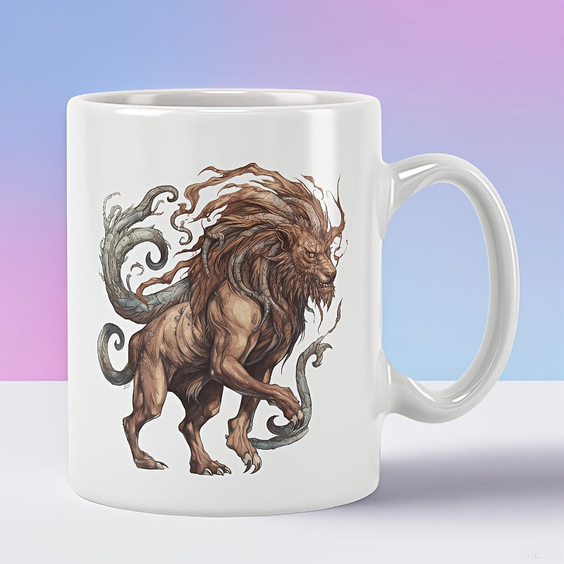 Tailorly White Ceramic 11 oz Mug - Majestic Brown Fantasy Beast With Flowing Smoke Mane Walking Proudly Creature
