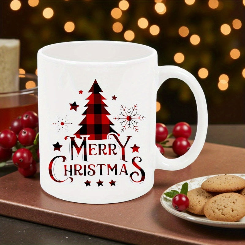 Tailorly White Ceramic 11 oz Mug - Merry Christmas Classic Red Buffalo Plaid Pattern Featuring Snowflakes And Stars Pine Tree