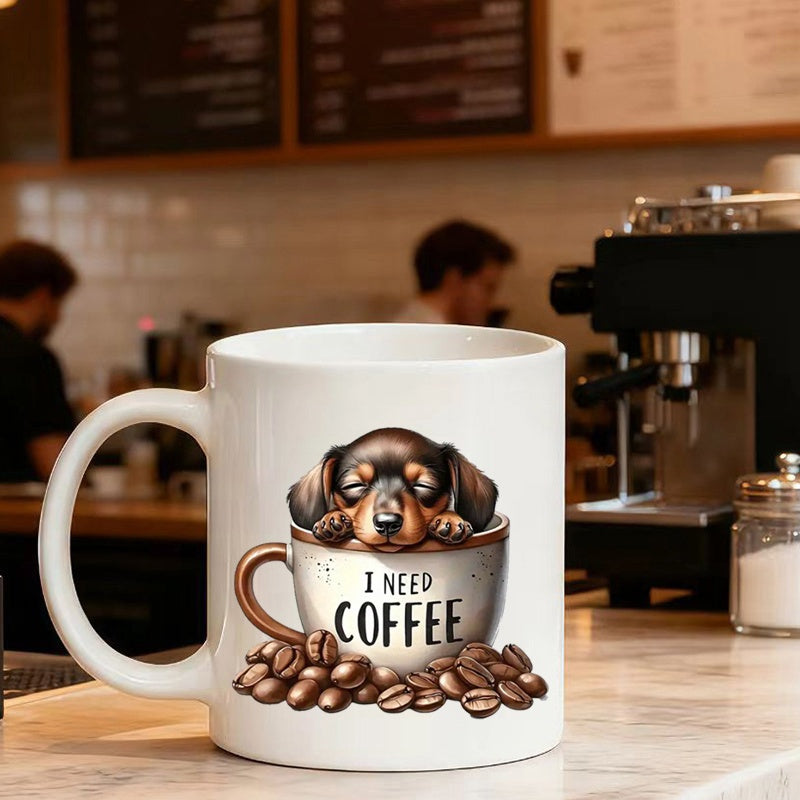 Tailorly White Ceramic 11 oz Mug - I Need Coffee Adorable Sleeping Dachshund Puppy Resting Inside Small Cup With Coffee Beans Dachshund