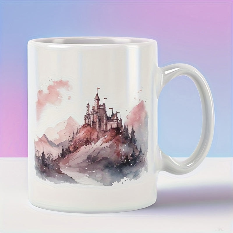 Tailorly White Ceramic 11 oz Mug - Watercolor Fantasy Landscape With Majestic Stone Towers On A Misty Hill Castle