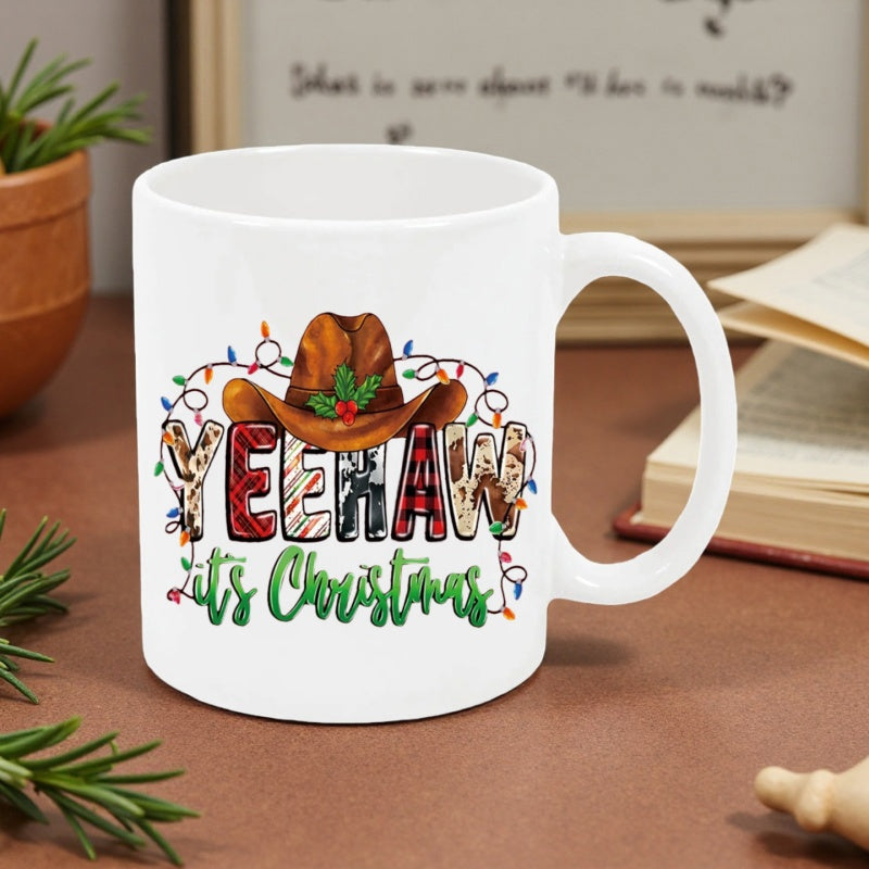Tailorly White Ceramic 11 oz Mug - Yeehaw Its Christmas Classic Brown Cowboy Hat Decorated With Colorful Festive Twinkling Lights Hat