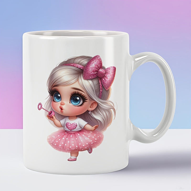 Tailorly White Ceramic 11 oz Mug - Charming Little Princess With Sparkling Pink Bow Wearing Heart Tutu Girl