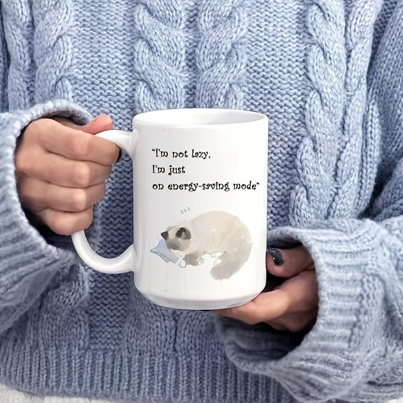 Tailorly White Ceramic 11 oz Mug - Im Not Lazy Im Just On Energy Saving Mode Fluffy Cream Colored Feline Resting Peacefully On A Soft Small Pillow Cat