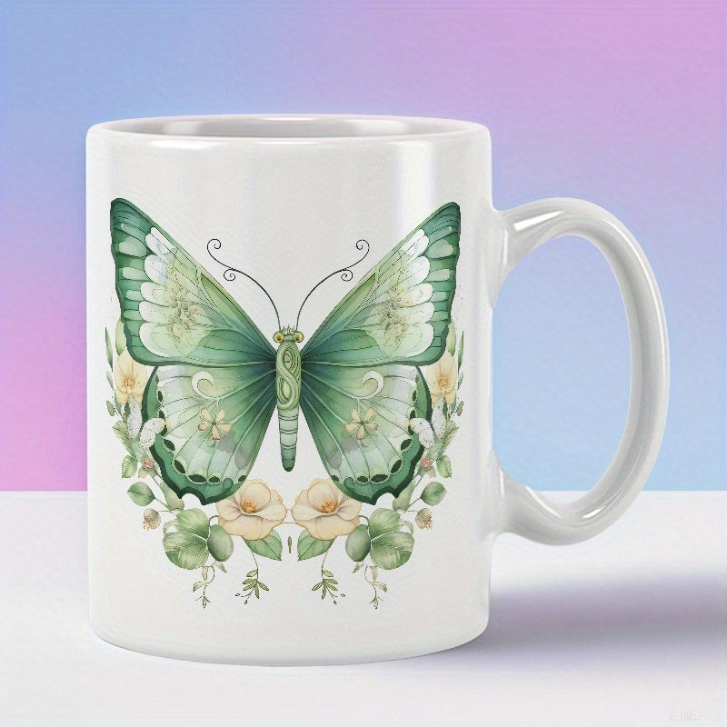Tailorly White Ceramic 11 oz Mug - Elegant Green Wings Surrounded By Delicate Botanical Leaves And Floral Butterfly
