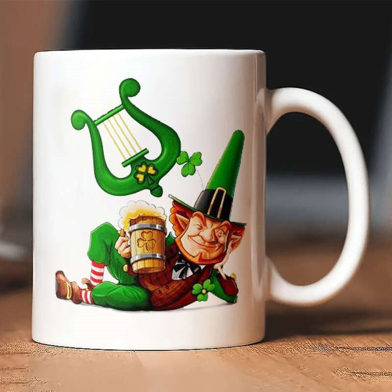 Tailorly White Ceramic 11 oz Mug - Festive Irish Folklore Character Relaxing With Beer Mug And Harp Leprechaun