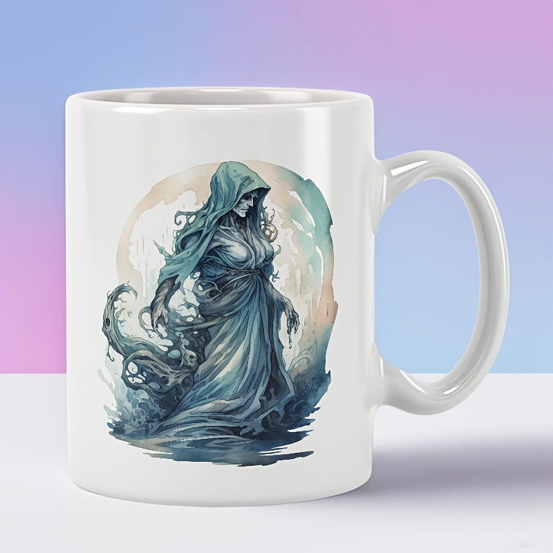 Tailorly White Ceramic 11 oz Mug - Ethereal Ghostly Figure In Flowing Blue Robes Amidst Swirling Mystic Mists Wraith