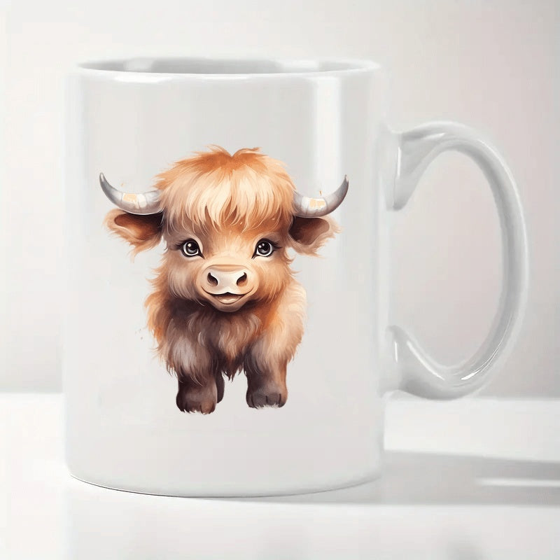 Tailorly White Ceramic 11 oz Mug - Adorable Fluffy Highland Calf With Soft Brown Fur And Tiny Horns Highland Cow