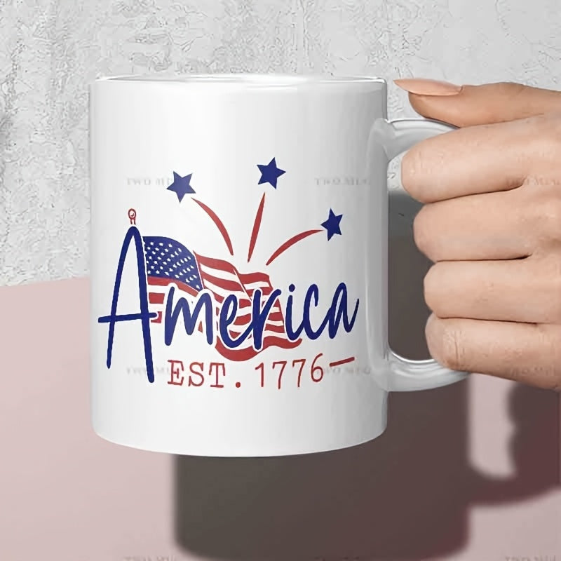 Tailorly White Ceramic 11 oz Mug - America Est 1776 Patriotic Waving National Flag With Shining Blue Stars Flag
