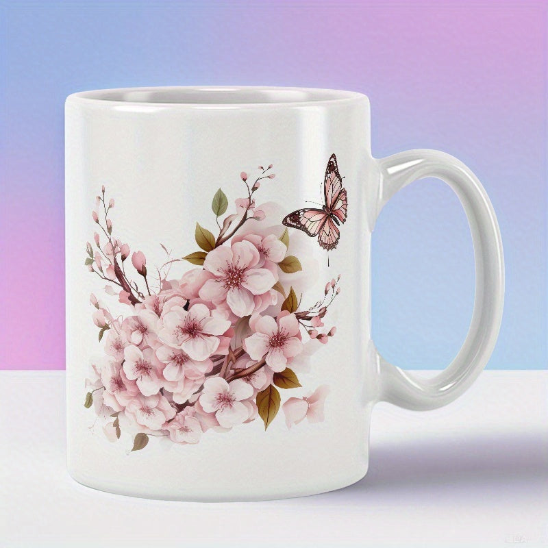 Tailorly White Ceramic 11 oz Mug - Beautiful Pink Cherry Blossoms With A Delicate Butterfly Flying Around Petals Flower