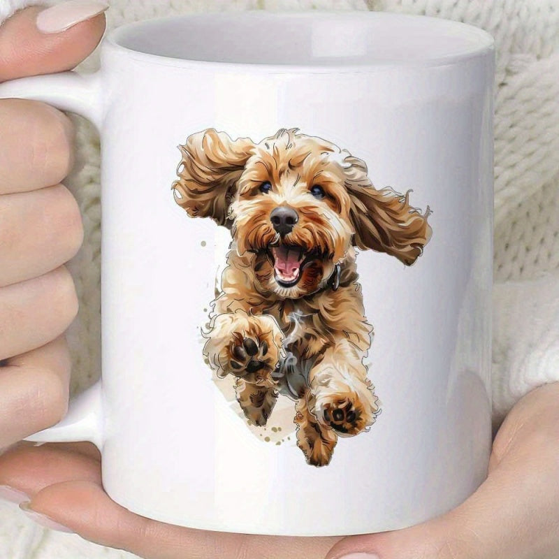 Tailorly White Ceramic 11 oz Mug - Happy Fluffy Brown Puppy Running Forward With Floppy Ears And Open Mouth Dog