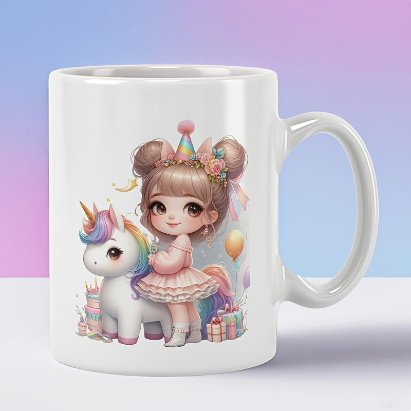 Tailorly White Ceramic 11 oz Mug - Adorable Chibi Girl Celebrating With Gifts Near A Magical Rainbow Unicorn
