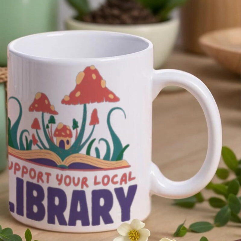 Tailorly White Ceramic 11 oz Mug - Support Your Local Library Whimsical Red Mushrooms Growing From Open Magic Forest Book Mushroom