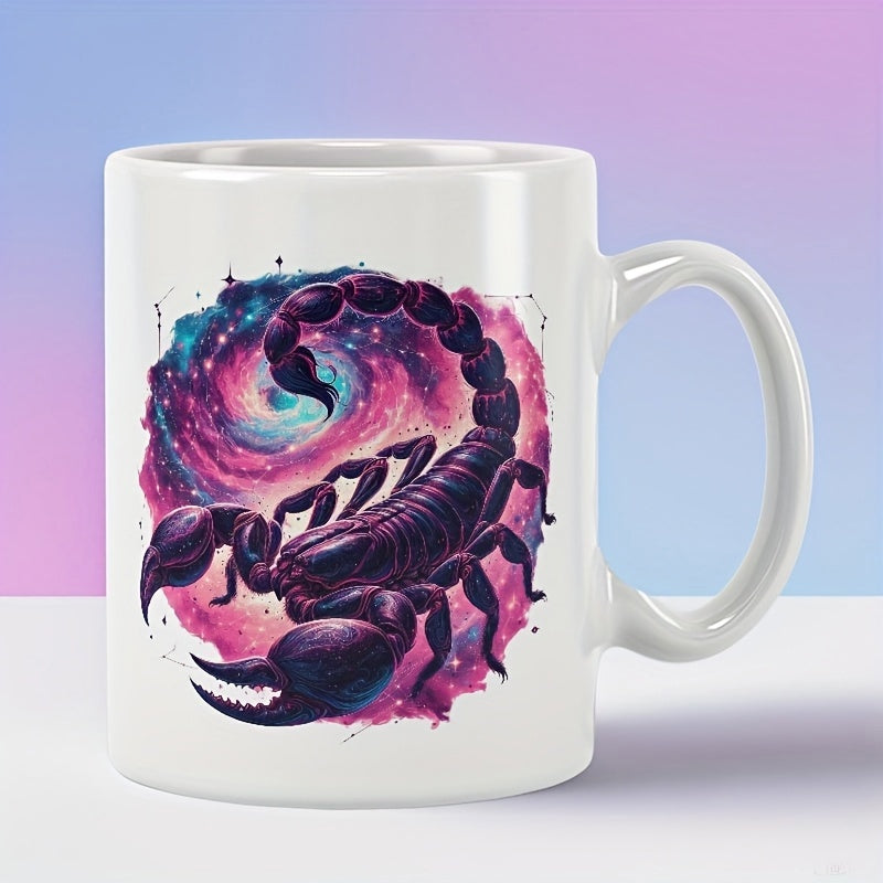 Tailorly White Ceramic 11 oz Mug - Majestic Purple Galaxy Nebula Swirl With A Detailed Zodiac Scorpion