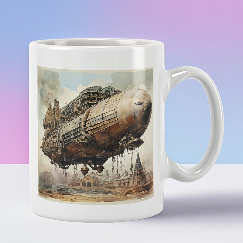 Tailorly White Ceramic 11 oz Mug - Vintage Steampunk Flying Vessel Above Antique Industrial Town In Cloudy Sky Airship