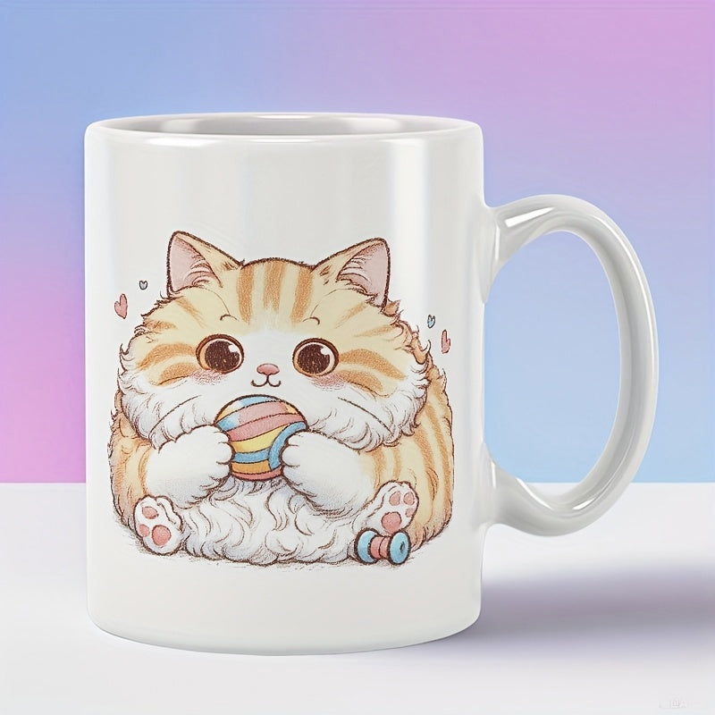 Tailorly White Ceramic 11 oz Mug - Adorable Fluffy Ginger Kitten Playing With Colorful Ball Of Yarn Among Tiny Hearts Cat