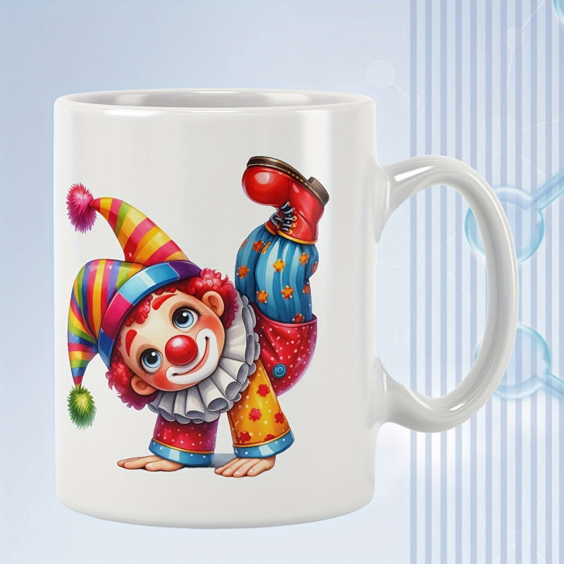 Tailorly White Ceramic 11 oz Mug - Playful Cartoon Character Doing Handstand With Colorful Striped Hat Clown