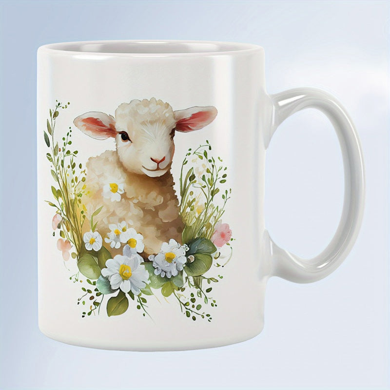 Tailorly White Ceramic 11 oz Mug - Adorable Fluffy White Animal Surrounded By Spring Flowers And Foliage Lamb