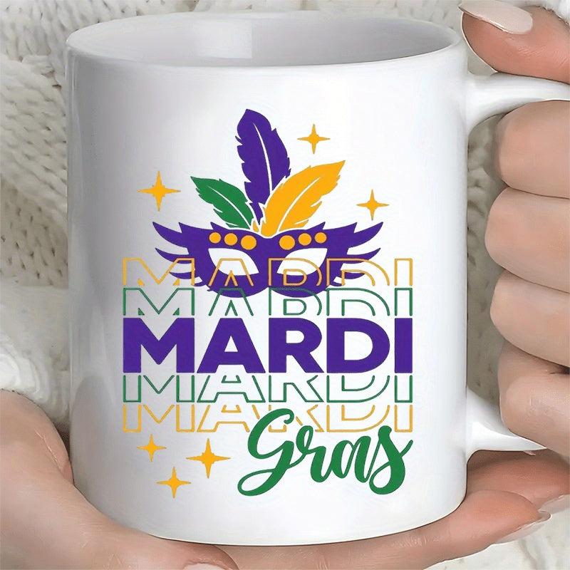 Tailorly White Ceramic 11 oz Mug - Mardi Gras Festive Colorful Design With Vibrant Feathers Among Golden Twinkling Stars Mask