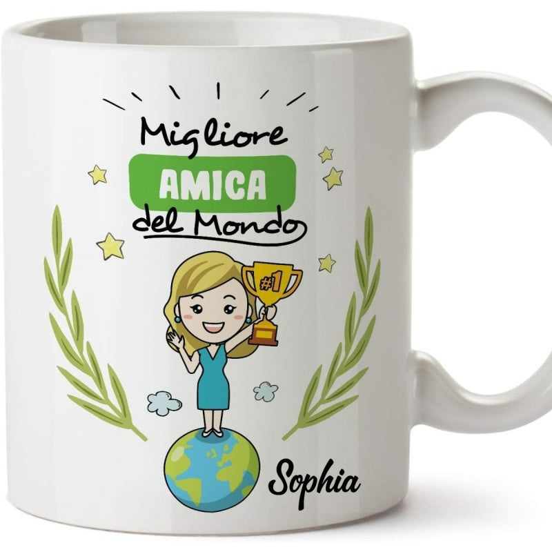 Tailorly White Ceramic 11 oz Mug - Sophia Cute Cartoon Woman Holding Golden Trophy Standing Above Earth With Laurel Leaves Girl