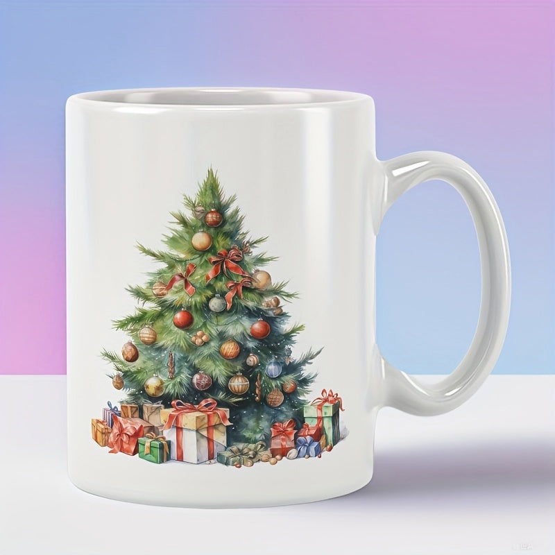Tailorly White Ceramic 11 oz Mug - Watercolor Festive Holiday Decorations And Gifts Around A Decorated Christmas Tree