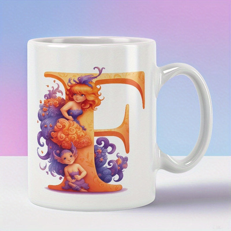 Tailorly White Ceramic 11 oz Mug - Letter F Whimsical Fairies Resting On A Large Golden Alphabet Among Purple Clouds Fairy