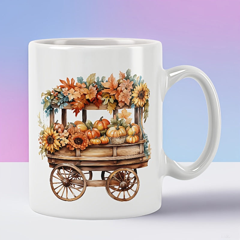 Tailorly White Ceramic 11 oz Mug - Rustic Wooden Carriage With Vibrant Harvest Pumpkins And Blooming Sunflowers Cart