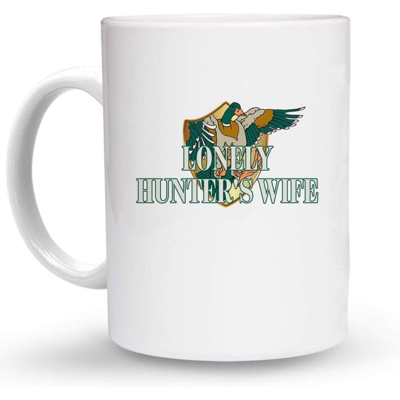 Tailorly White Ceramic 11 oz Mug - Lonely Hunter's Wife Flying Mallard Duck Inside A Golden Shield Crest Scene Duck