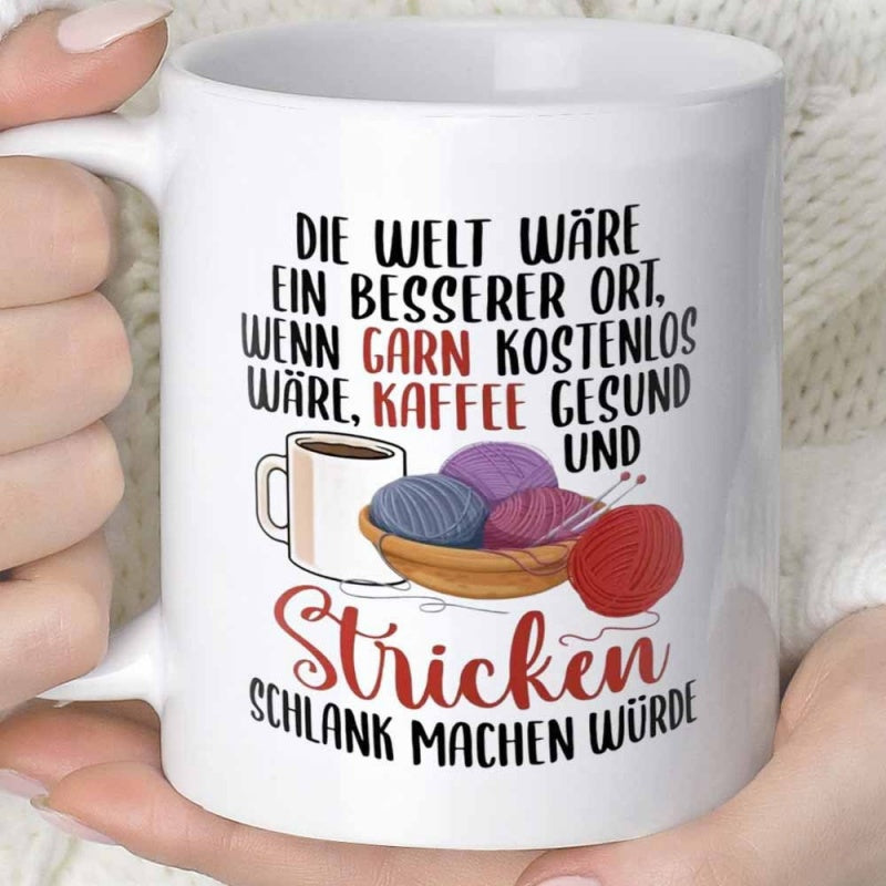 Tailorly White Ceramic 11 oz Mug - Vibrant Colorful Yarn Balls Resting Inside Bowl Beside Steaming Hot Coffee Design