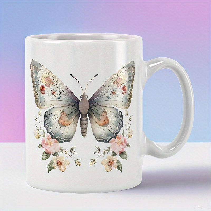 Tailorly White Ceramic 11 oz Mug - Delicate Wings Featuring Vintage Floral Details Surrounded By Blooming Pastel Garden Butterfly
