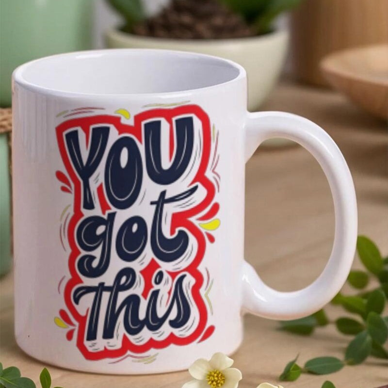 Tailorly White Ceramic 11 oz Mug - You Got This Stylized Hand Lettering With Vibrant Red Splashes And Yellow Accents Mug